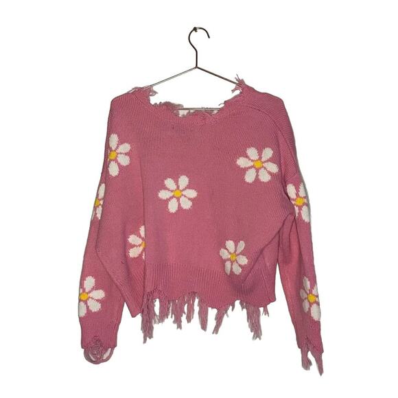Just Polly Pink Daisy Flower Cropped Raw Hem Distressed Sweater Size Medium - Picture 5 of 11